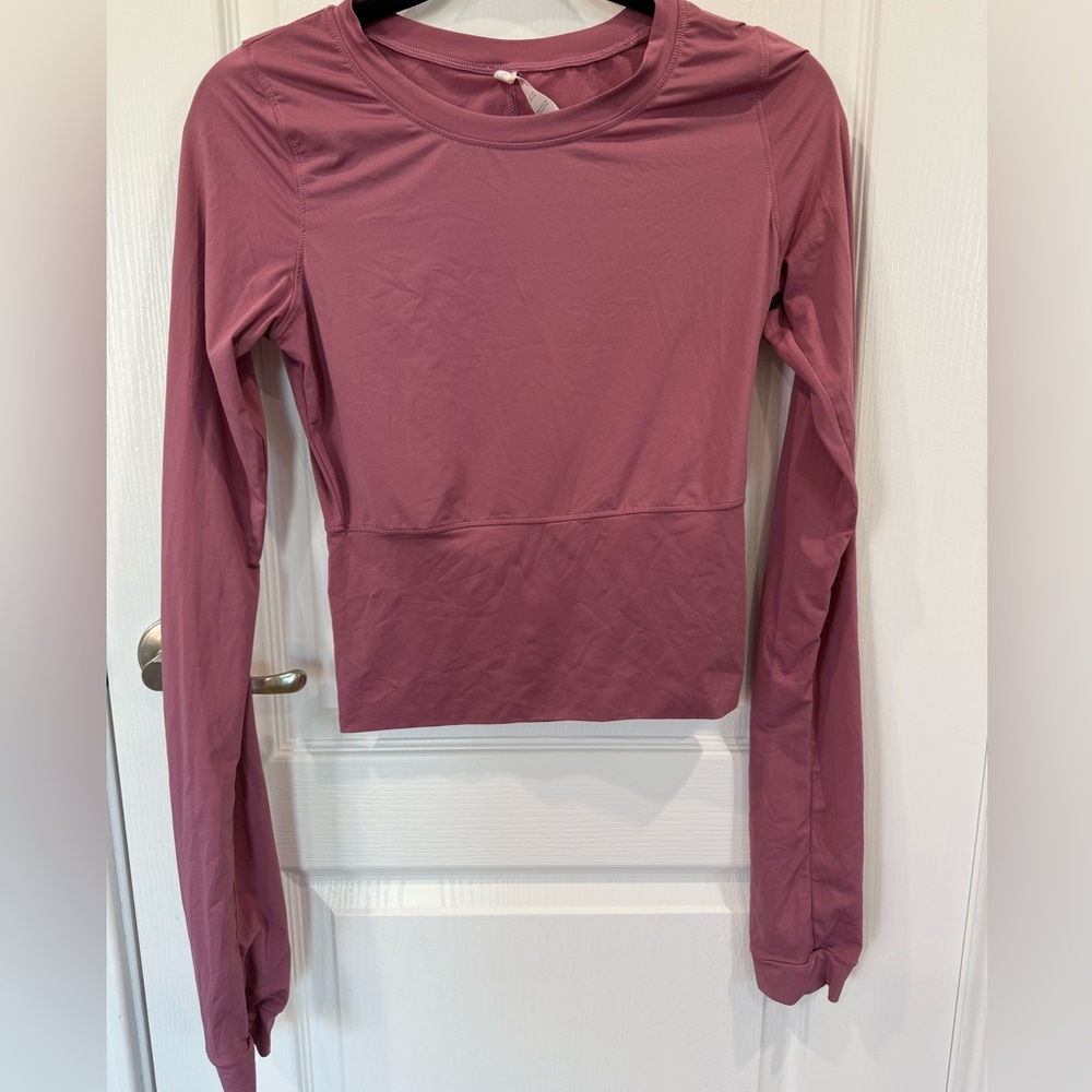 Long-Sleeve Crew Crop Top in Mauve Pink